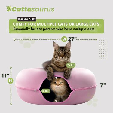 Котяча печера-тунель Cattasaurus для великих котів до 20 кг, знімне та пране ліжко-донат, темно-сіра, заспокійлива, для кількох котів
