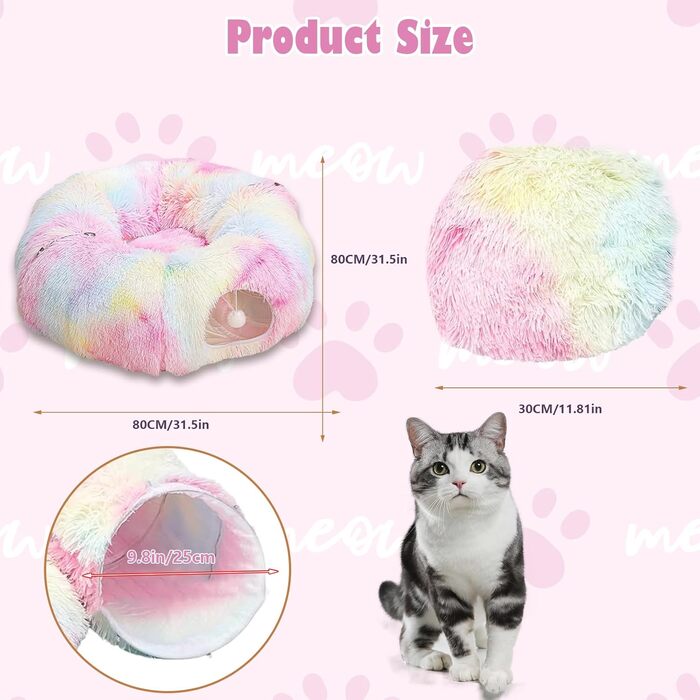 Туннель для котів, великий, з місцем для сну та лежаком, 2 входи, котяча печера, підвісні кульки, тунель для кота, кольоровий