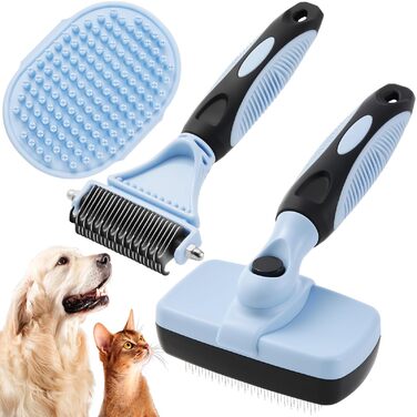 Набір для догляду за шерстю тварин: щітка для самостійного очищення, гребінець для видалення ковтунів та масажна щітка для купання котів та собак середніх та маленьких порід, блакитний, 3 шт.