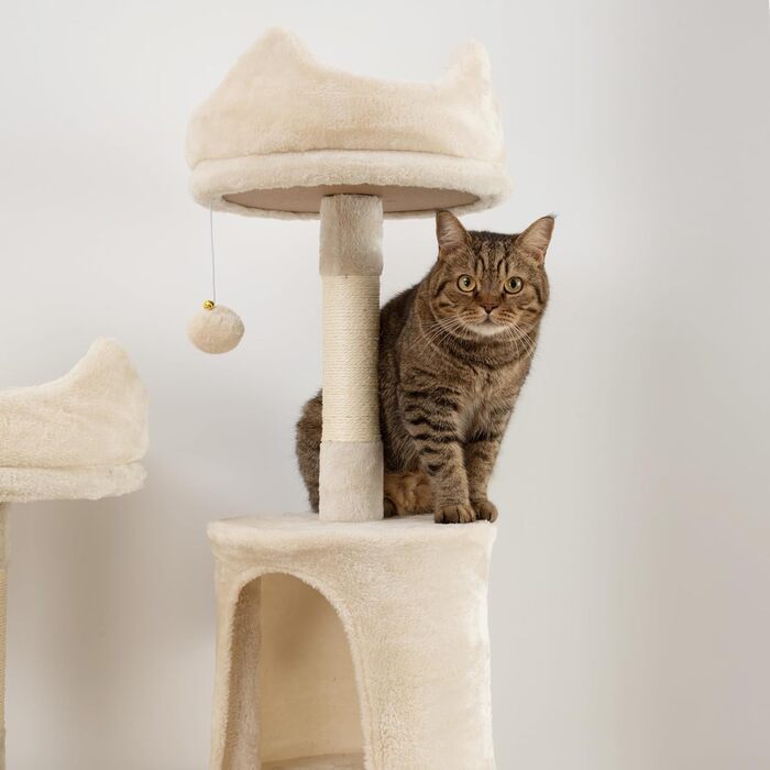 Велика бежевa когтеточка PawHut для котів, 206 см, з платформами, будиночками, підвісними кулями та гамаками