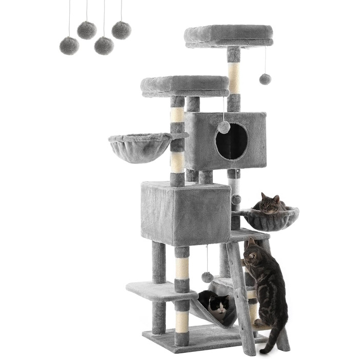 Котячий дряпак FourFurPets 160 см, з платформами, будиночками, кошиками, гамаком і іграшками, світло-сірий