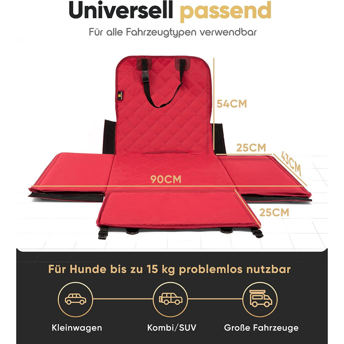 Автокрісло для собак HELDENWERK Extra Stabiler - надійне, водонепроникне, з 5 ременями, для заднього та переднього сидіння (Червоний, Стандартний розмір)
