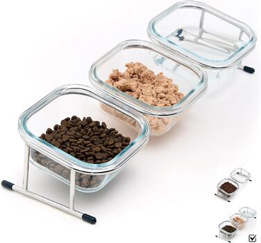 Підвищені миски для котів, 15° нахил, скляні миски для корму, нержавіюча сталь, антиковзні ніжки, 3 миски, для котів та маленьких собак