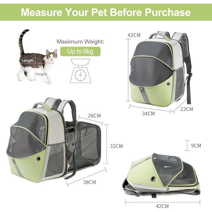Рюкзак-переноска для тварин Galatée, розширюваний, для котів та маленьких собак (зелений)