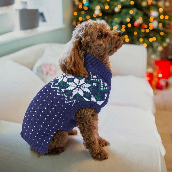 Синій теплий пуловер для собак з отвором для шлейки, вязаний, з коміром-стійкою, святковий, для домашніх тварин, розмір L