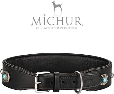 Нашийник для собак MICHUR Alonzo з натуральної шкіри, чорний, широкий, з синіми каменями та заклепками, різні розміри, обхват шиї 33-38 см