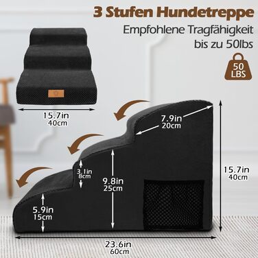 Сходинка для собак Eukue 3 сходинки, для маленьких собак та котів, портативна рампочка для ліжка та дивану, з високощільним шаром піни та чохлом, чорного кольору