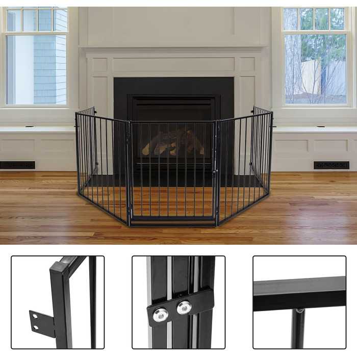 Захисна сітка для каміна Daromigo, 304 см, металева з дверцятами, сітка для дитячого манежу, захист від тварин, захист для дітей, чорна, 5 елементів