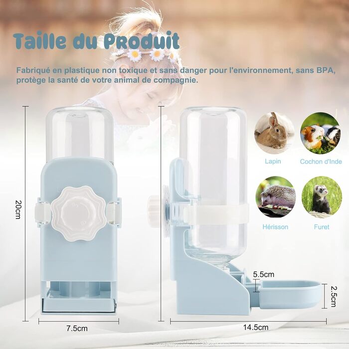 Автоматичний диспенсер води для тварин HYLYUN, 500 мл, підвісний, для морських свинок, шиншил, їжаків, фреток, блакитний