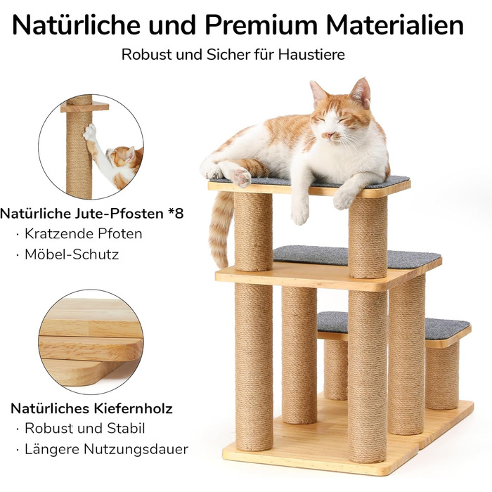 Сходинка для собак FUKUMARU, 3 сходинки, дерев'яна (сосна) з джутової тканини, регульована висота 18-51 см, вантажопідйомність до 90 кг, 6 варіантів підйому на ліжко/диван, сірий колір