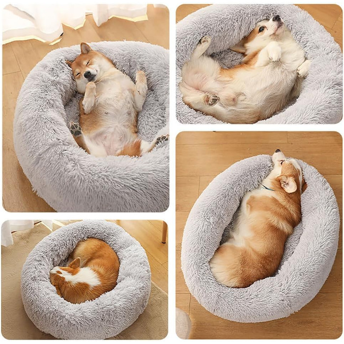 М'яке ліжко для собак: кругла подушка-бублик, 80 см, світло-сірий колір. Підходить для великих, середніх та маленьких собак.