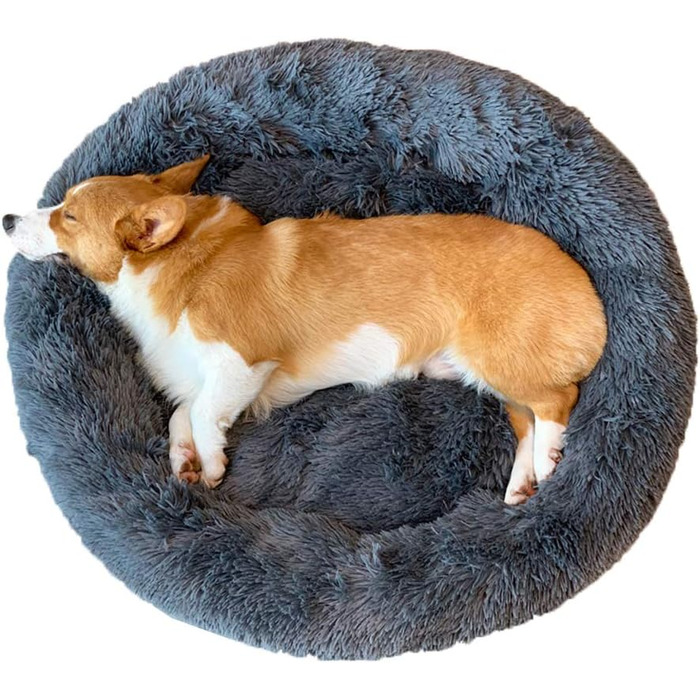 М'яке ліжко для собак та котів великих та екстра-великих порід, круглої форми, плюшеве, біле, діаметр 100 см, темно-сіре