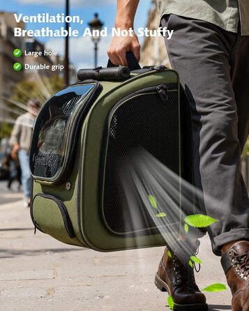 Пек'ют Рюкзак для кота Bubble з сітчастим вікном, переноска для тварин, розширювана, темно-зелений (L 32 x B 26 x H 42 см)