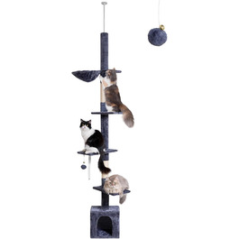 Кігтеточка NEGTTE з регулюванням висоти (230-275см) - кігтечочний комплекс з 2 кігтеточними стовпами, гамаком та будиночком. Вузька кігтеточка висотою для невеликих приміщень, система натягу стелі, страховий ремінь, темно-сірий колір