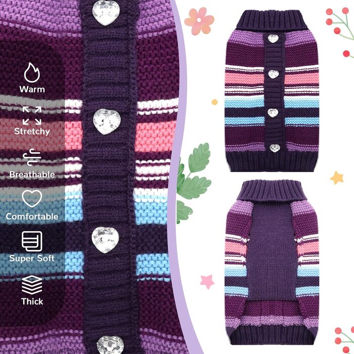 Пуловер для собак у смужку, теплий в'язаний пуловер з коміром-горловиною, теплий та м'який одяг для собак маленьких та середніх порід (L, фіолетовий у смужку)