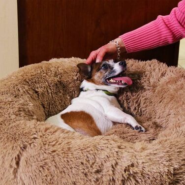 Ліжко для собак Mediashop Peaceful Pooch M, 76 см, бежеве, плюшевий донат, знімний та праний чохол, водо- та брудовідштовхувальне, ортопедичне, з антиковзкими ніжками