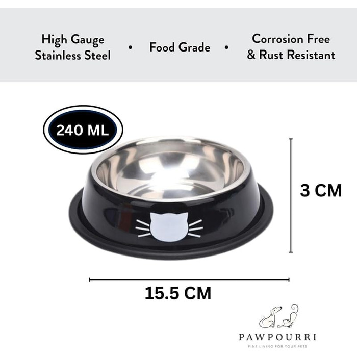 PAWPOURRI Миски для котів з нержавіючої сталі, протиковзкі, 2 шт. (230 мл, синій та червоний)