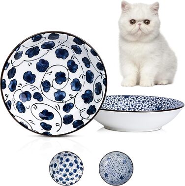 Керамічна годівниця для котів та собак - миска для корму маленьких котів, вінтажний синьо-білий дизайн (14 см), неслизька миска для котів - набір 2 шт.