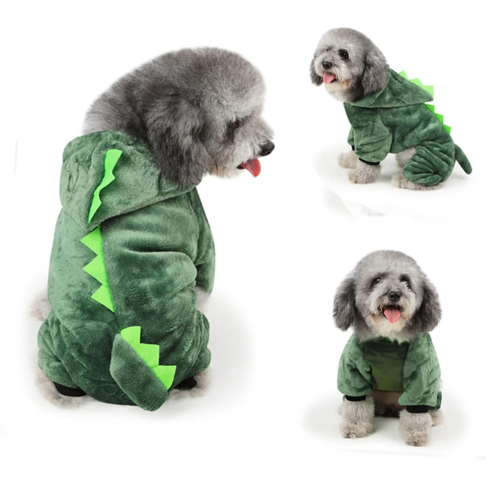Костюм для собак - динозавр, FRCOLOR, 3 шт., зелений. Теплий матеріал, для святкування Halloween, фотосесій та повсякденного використання.