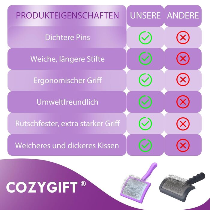 COZYGIFT щітка для собак з середньою та довгою шерстю, велика, для видалення шерсті, ковтунів і вузлів, з довгими щетинками, у комплекті гребінець, фіолетова