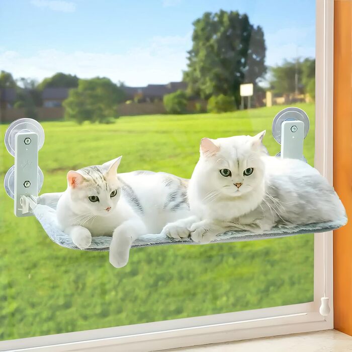 Гамак для котів Bibykivn на вікно, розкладний, сірий плюш + сітка, 52×30 см