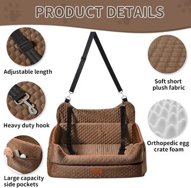 Автокрісло для собак великих та середніх порід – підвищення для собак з Memory Foam, до 25 кг або 2 маленькі собаки, знімний та пральний лежак з товстим матрацом та кишенями для зберігання, Рожевий (Large, Коричневий)