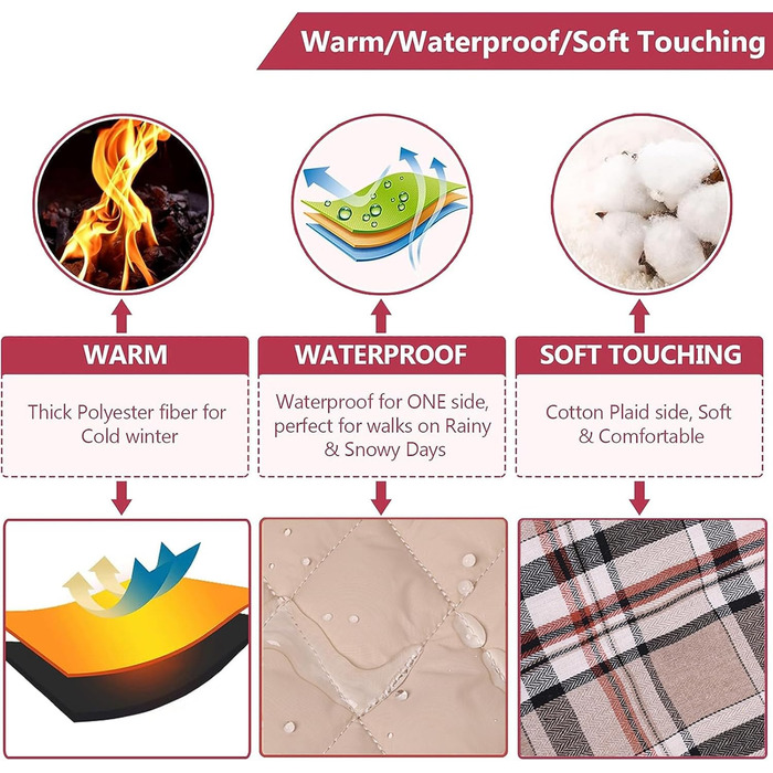 Зимовий одяг для собак, водонепроникна тепла куртка для малих, середніх та великих собак, для активного відпочинку на вулиці з отвором для повідка, двостороння куртка в клітинку, бежевого кольору, розмір L