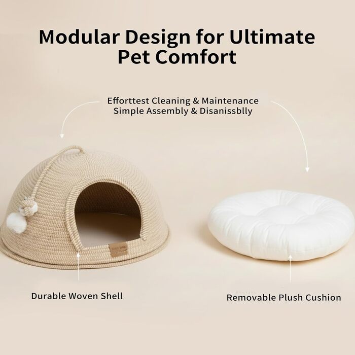 Ліжко для котів CheerPals Юрта 47 см, бежеве. Плетений кошик з бавовняних мотузок з подушкою. Універсальне, для всіх котів, всесезонне, машинне прання.