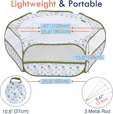 Pawaboo: Фрейгехеге для дрібних тварин, водовідштовхуваний, складаний, для кроликів, курей, кошенят, цуценят, кроликів, хом'яків. Візуальний вольєр з сіткою, блискавкою та нейлоновим дном (Синій + Білий квітковий принт)