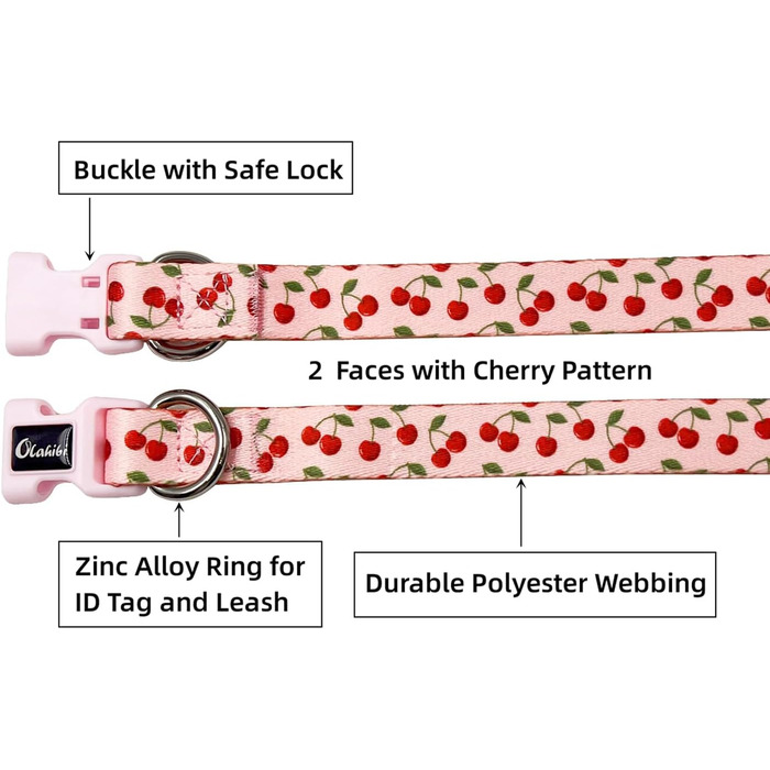 Нашийник та поводок для собак Olahibi з милим вишневим візерунком, поліестер, 1,5 м, для великих собак (L, рожева вишня) L комплект