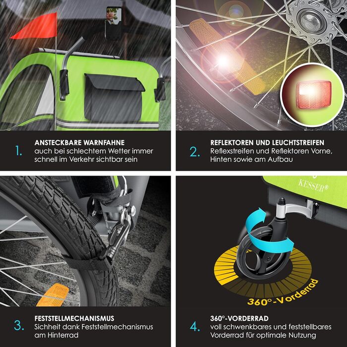 Дитячий велопричіп KESSER Sport-RX 2в1 (візок/велопричіп) для 1-2 дітей, 360° обертання, 5-точкова система кріплення, світловідбивачі, тримач для напоїв та смартфон (світло-зелений)