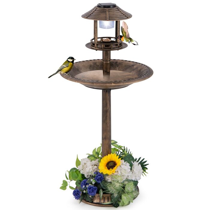 Садова годівниця та купальня для птахів GYMAX з сонячними ліхтарями, підлогова, колір антична бронза