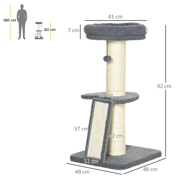 PawHut Cat Tree Велике 92 см Котяче дерево з імітацією баранячої шкіри, дряпаючим стеблом, платформою та ігровим м'ячем, темно-сіро-кремово-біле