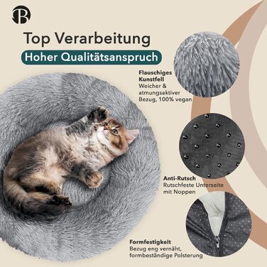 Кругле ліжко для собак середніх порід, діаметр 70 см, м'яке плюшеве гніздо, ергономічне, знімний чохол, неслизьке, штучне хутро, колір: світло-сірий