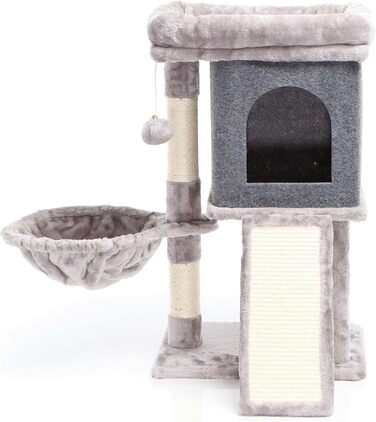 Кігтеточка для котів Fudajo сірого кольору, 71,5 см, з платформою для відпочинку, лежаком, дряпалкою та будиночком. Кліматичний комплекс для котів з 1 будиночком.