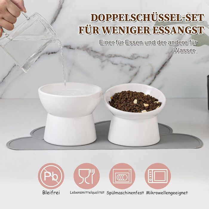 Набір мисок для котів з підняттям, кераміка, 3 шт. з антиковзною підкладкою, великі миски для їжі та води, білий