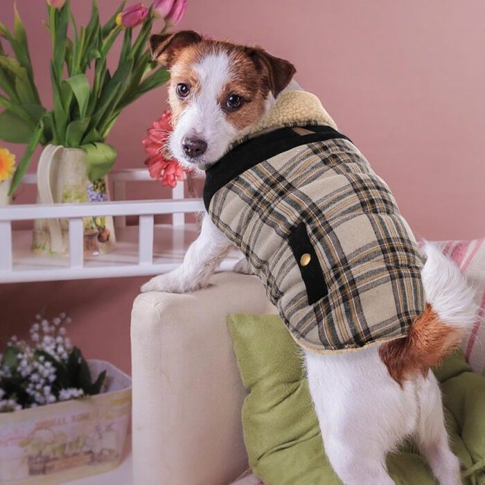 Теплий зимовий одяг для собак: флісовий зимовий одяг, куртка для маленьких, середніх та великих собак. Тепла куртка-пуловер для собак з отвором для повідка, підходить для активного відпочинку в приміщенні та на вулиці. Колір: бежевий, візерунок: в клітинк