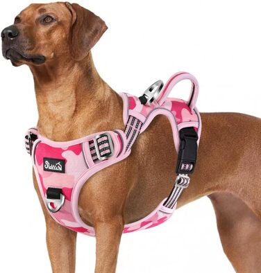 Нашийник для собак великих порід, шлейка з анти-тяговою конструкцією, 2 карабіни, зручна ручка, регульована та світловідбиваюча, для щоденних тренувань (L, XL), камуфляжний рожевий