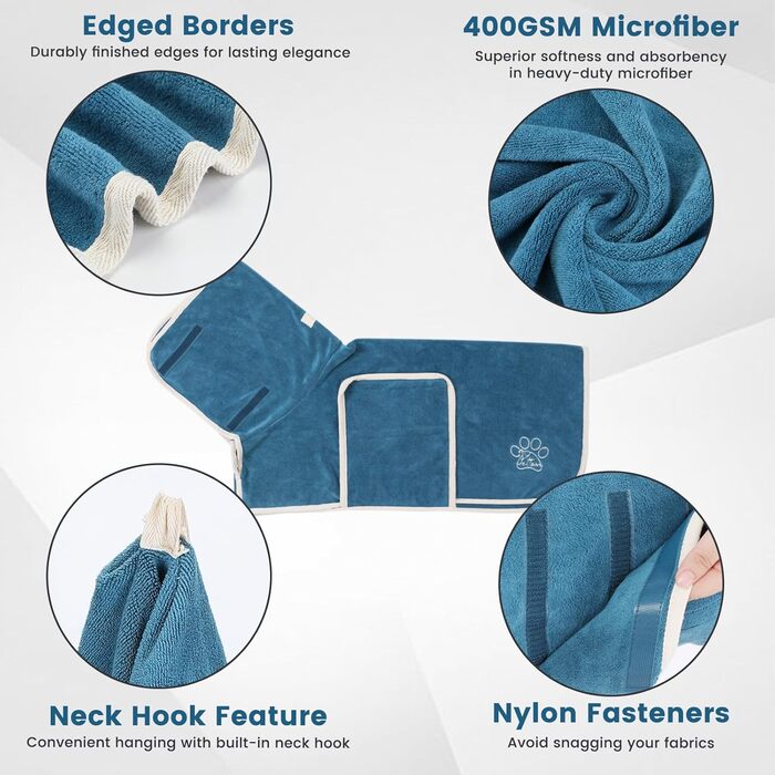 Рушник для собак PETTOM, блакитний, розмір M, мікрофібра, з клямками