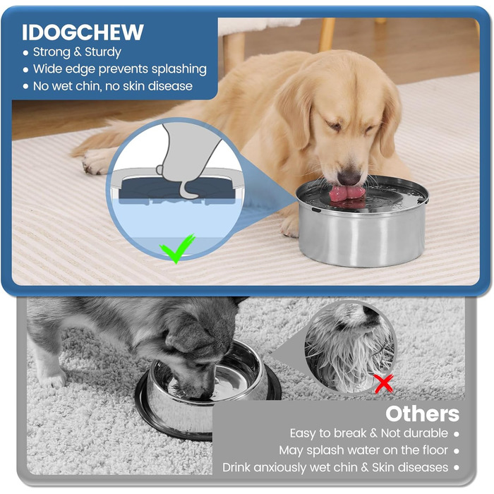 Миска для собак IDOGCHEW з нержавіючої сталі, проти облизування, з неслизьким дном, 1л, срібна