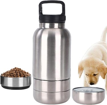 Портативна пляшка для собак з мисками для їжі та води, 3-в-1, ізольована сталева пляшка для подорожей, прогулянок, походів (глибока), срібна
