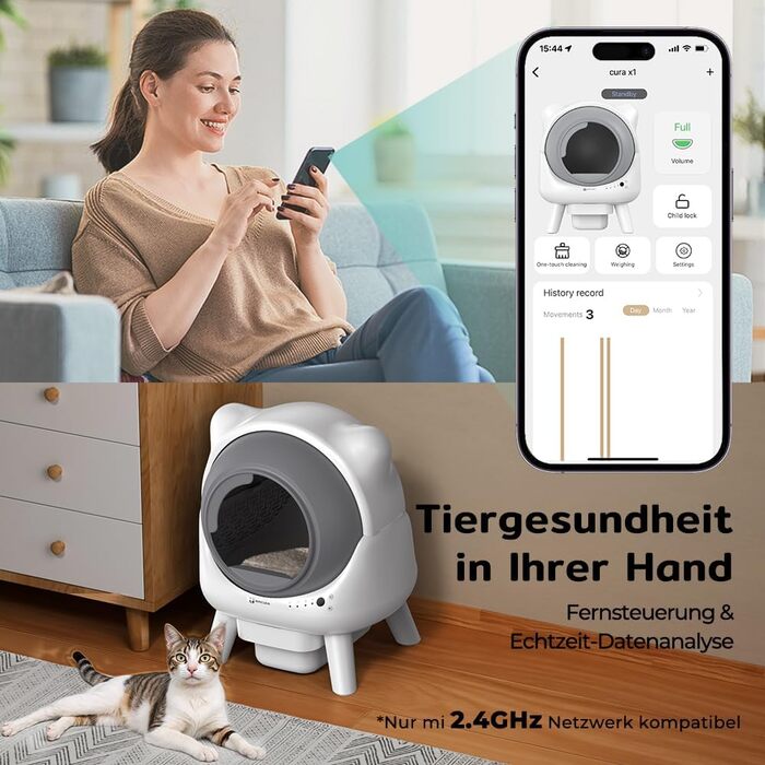 Автоматичний лоток для котів Cura X1 Katzenklo: самоочищення, 80+8 л, датчики безпеки, контроль через додаток, для кількох котів