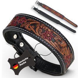 Нашийник для собак MICHUR Flora: шкіряний, з червоним квітковим візерунком, чорний/червоний/коричневий, розміри 51-58,5 см