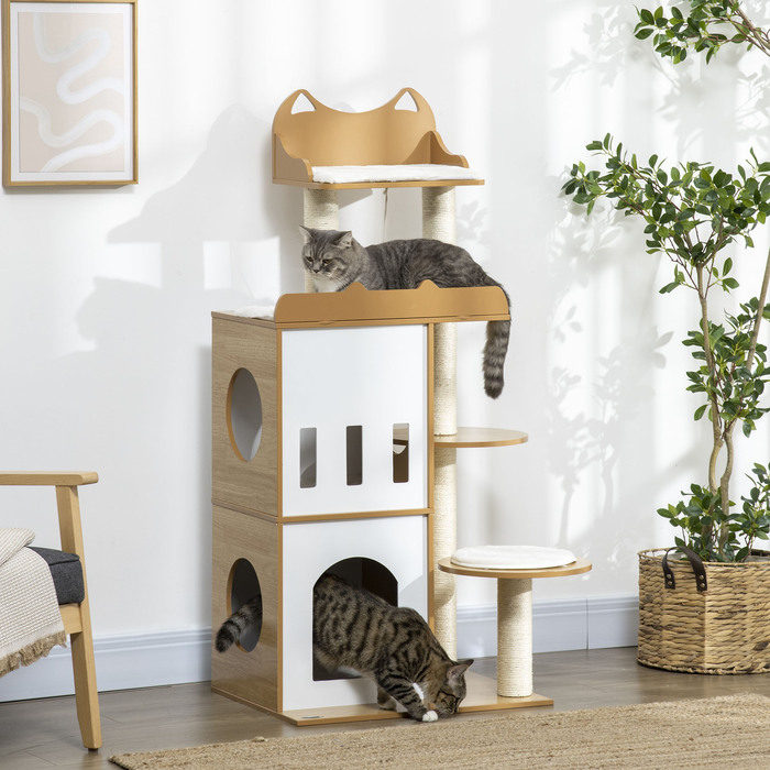 PawHut Cat Tree, 133 см, кігтеточка для кішок Cat Tree з 2 котячими печерами, зі стеблами для подряпин, подушками, м'яч, меблі для кішок, кімнатна, дуб+біла | Аосом
