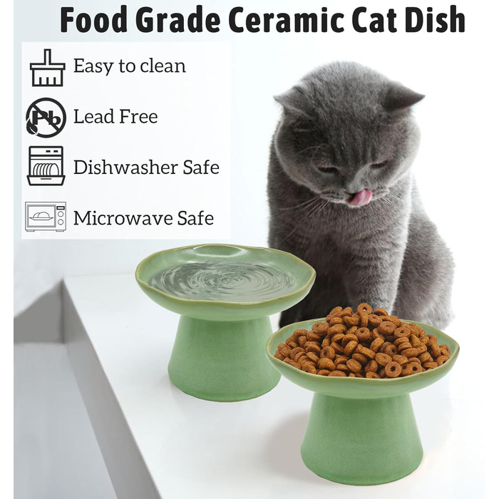 Керамічні миски для котів, 2 шт., 15.5 см, зелені - підняті, широкі, для води та корму