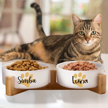 Керамічний подвійний набір мисок з іменем для собак та котів 'Велика лапа' - персоналізований набір мисок з/без підставки | Миска для собак, годівниця, миска для котів | Годівниця (2x 500 мл, підставка)