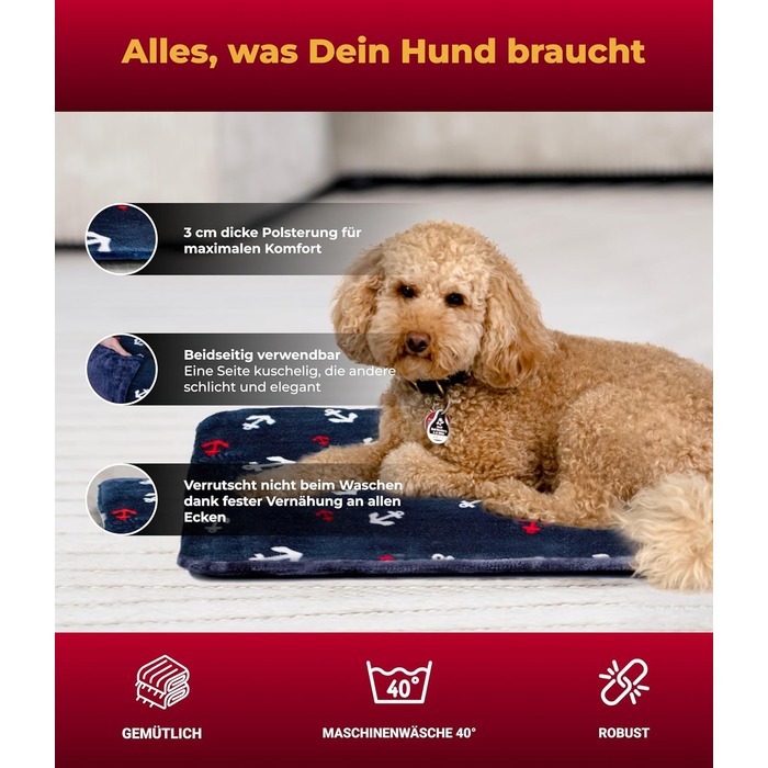 Лежак для собак HS-Hundebett® середній 65x95 см, двосторонній, м'який, 3 см наповнювач, для дивану, авто і переноски, анкер синій, вироблено в Німеччині
