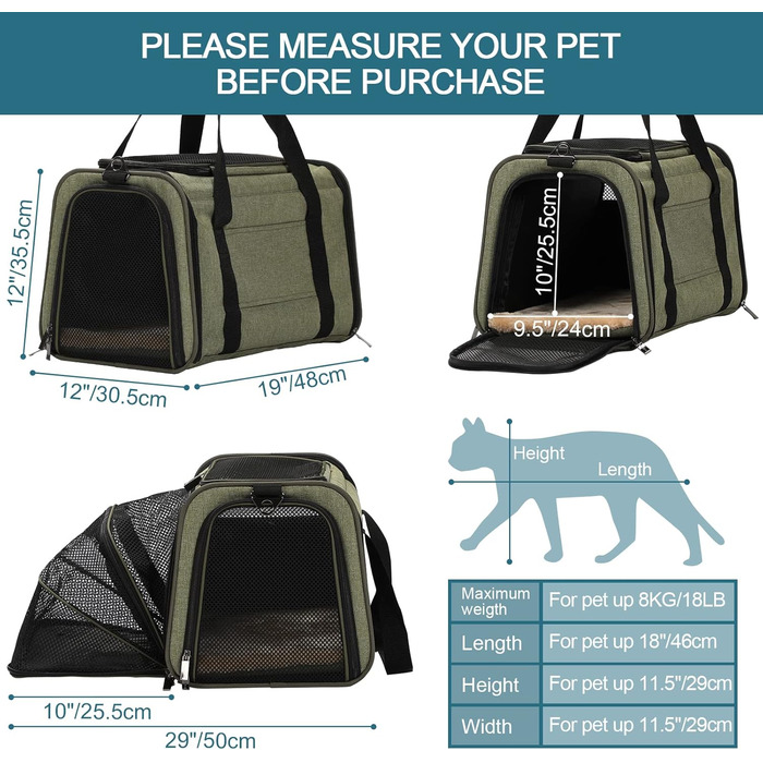 Складана переноска для котів і собак Petsfit, розширювана авіа-сумка з оксфордської тканини, з плечовим ременем, зелена, середній розмір, для подорожей