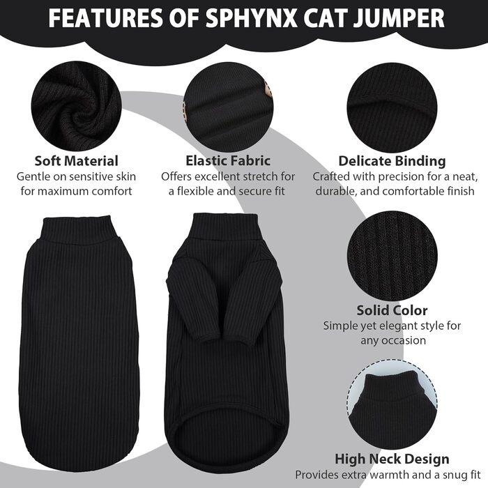 В'язаний жилет для безшерстих котів з високим коміром, чорного кольору. Дихаючий одяг для Sphynx, Cornish Rex, Devon Rex, Peterbald. Теплий пуловер-піжама для котів.