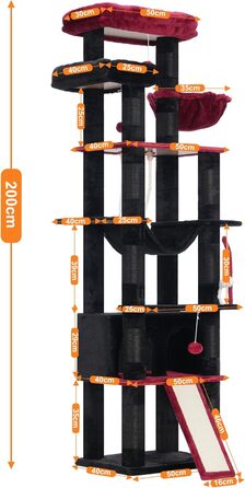 Котячий дряпак Heybly 200 см, багатоярусний, 11 стовпчиків, великі платформи, 2 кошики, гамак, будиночок, ігрові м'ячики, чорний+червоний